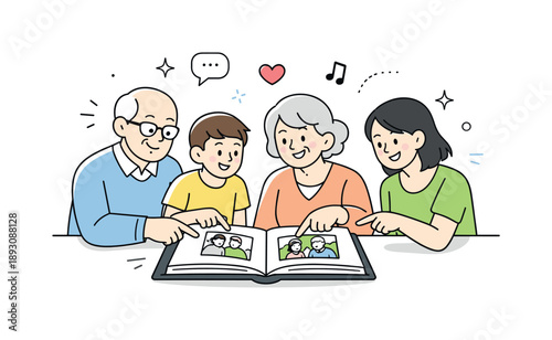 Family Photo Stories. Sharing memories. Family members pointing at photos and telling stories together. Warm conversation and intergenerational connection