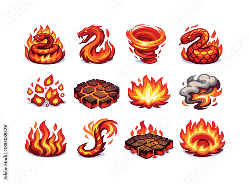 Fiery Serpent Icons. Writhing serpents in fire. Colorful isometric vector icons set of Writhing serpents in fire: coiled serpent flames, blazing