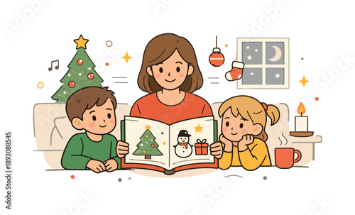 Cozy Christmas Storytime. Reading Christmas stories at home. Parent reading aloud while children listen attentively, book open with simple festive icons. Cozy