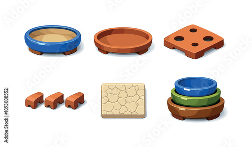 Bonsai Pottery Icons. Bonsai Pottery. Isometric flat vector icons set of Bonsai Pottery: glazed oval pot, unglazed clay tray, drainage hole base, matching pot