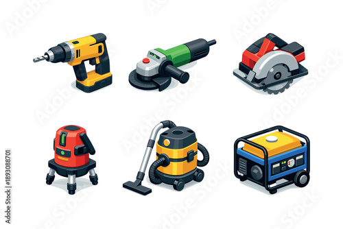 Isometric Building Tools Grid. Building equipment. Isometric flat vector icons set of Building equipment: power drill machine, angle grinder tool, circular saw
