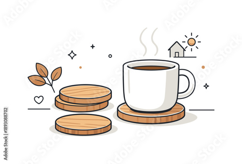 Cozy Wooden Coasters. Wooden coasters minimal. A cozy still life with wooden coasters and a cup, expressing warmth, sustainability, and modern home design in a
