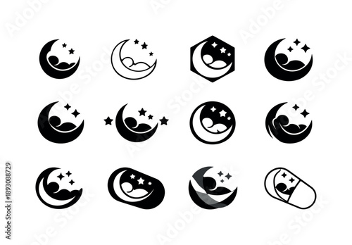 Melatonin Logo Variations. Melatonin for sleep. Icon set. Set Logo of Melatonin for sleep: abstract supplement and sleep symbol. harmonious logo variations of