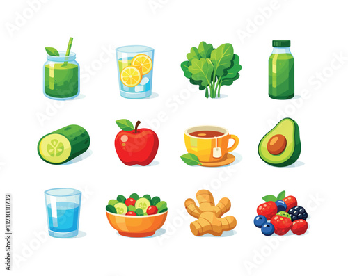 Colorful Detox Icons. Detox diet. Colorful flat vector icons set of detox diet: green smoothie, lemon water, leafy greens, detox juice bottle, cucumber slice,