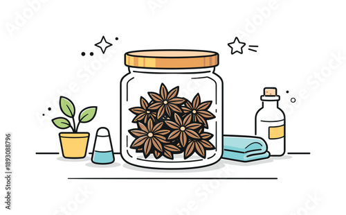 Star Anise Serenity. Star anise spices. A glass jar with star anise inside, placed on a clean kitchen counter. Simple storage scene, order and calm, with soft