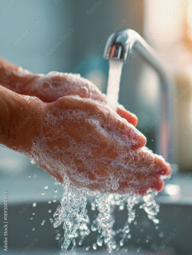 Fototapeta premium Person washing hands thoroughly with soap lather under running water from faucet promoting hygiene and cleanliness in a well-lit sink environment