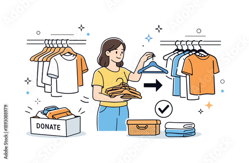 Efficient Closet Transformation. Closet decluttering routine. A person replaces bulky hangers with slim ones, creating visible extra space. Light progress,