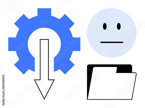 Data management, automation, system optimization, user interface design, file storage, digital processes. Blue gear with arrow, neutral face black folder. Data management and automation concept