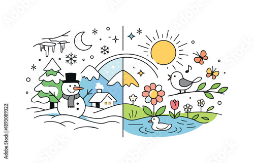 Seasons in Harmony. Two seasons one scene illustration. Abstract composition combining winter and spring symbols arranged in one balanced frame. Conceptual