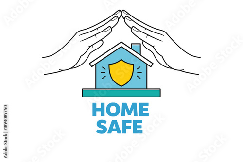 Hands protecting house with shield symbolizing home safety and security