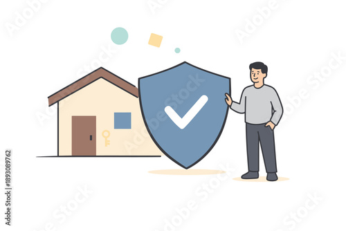 Asian male presenting home security concept with shield and checkmark