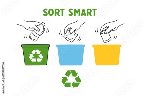 Sorting waste: recycling plastic, paper, and metal in color-coded bins