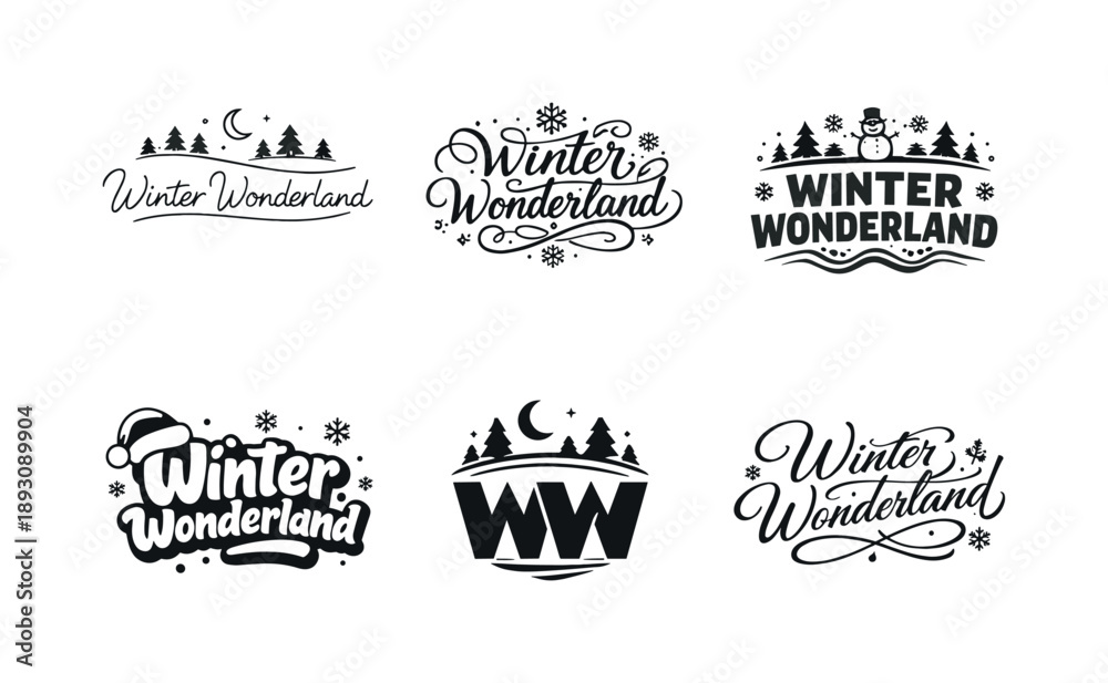 Naklejka premium Winter Lettering Variations. Winter snow vibes. Set lettering. harmonious lettering variations of the same emblematic concept, each with different artistic