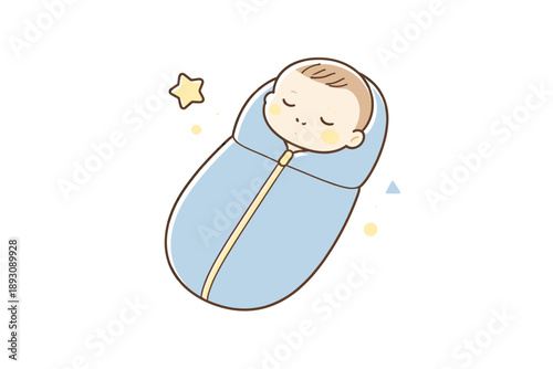 Cute illustration of sleeping caucasian baby wrapped in blue swaddle
