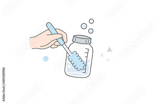 Hand cleaning baby bottle with brush and soap bubbles illustration