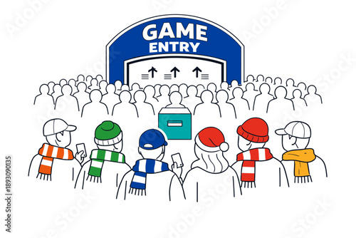 Large crowd gathered at game entry with fans in scarves and winter hats