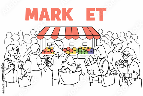 Crowded market scene with diverse shoppers and produce stand