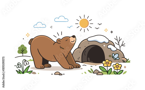 Spring Awakening. Animals waking from hibernation. Editorial-style scene showing a bear stretching near its den as spring arrives, calm and hopeful mood. Soft
