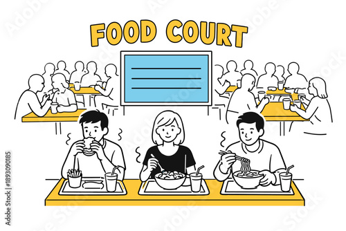 Food court dining scene with diverse people enjoying meals