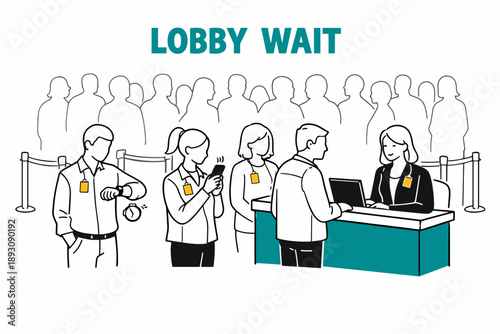 Line waiting in lobby with people following queue barrier protocol