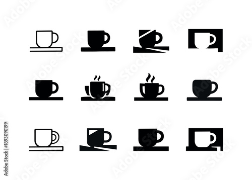 Office Breakroom Logos Grid. Office breakroom. Icon set. Set Logo of office breakroom: coffee mug on breakroom counter. harmonious logo variations of the same