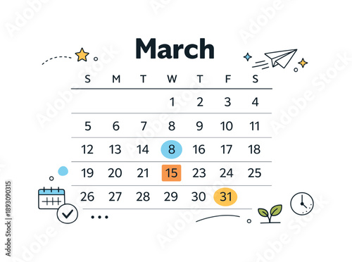 March Calendar Design. March schedule calendar illustration. Clean calendar grid combined with small abstract shapes and subtle highlights for important dates.