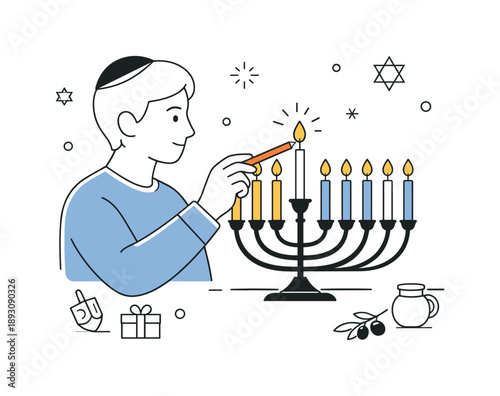 Lighting Hanukkah Candles. Lighting the Hanukkah candles. A person gently lighting a candle on a menorah, focused and calm. The scene reflects