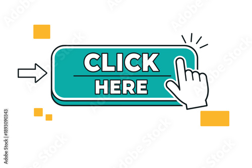 Interactive click here button with hand cursor and arrow icon on white background