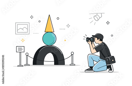 Modern Sculpture Photography. Photography of art installations. A photographer capturing a modern sculpture in a gallery, with careful attention to lighting