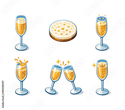 Sparkling Wine Icons. Sparkling Wine. Isometric flat vector icons set of Sparkling Wine: flute with sparkling wine bubbles, champagne foam surface detail,