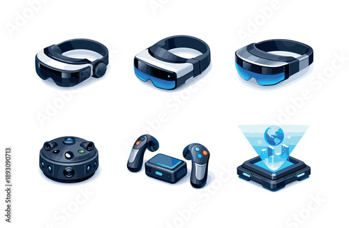 Mixed Reality Icons. Mixed reality. Isometric flat vector icons set of mixed reality: MR headset device, hybrid AR VR headset, spatial computing visor, mixed