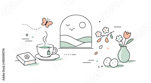 Minimalist Spring Vibes. Quiet spring mood. A restrained editorial scene using minimal shapes, soft curves, and light seasonal hints to suggest spring without