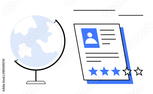 Globe beside a document with a profile photo and star rating. Ideal for recruitment, talent evaluation, global hiring, education, performance review, user feedback, simple flat metaphor