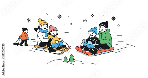 Winter Sledding Fun. Winter outdoor play. Friends and kids sledding together during a snowy day. Simple seasonal happiness and active fun in a minimalist