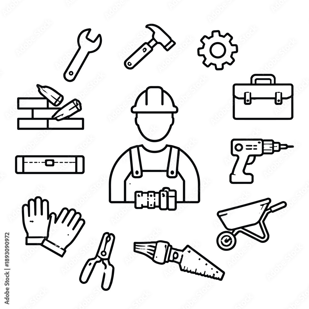 Fototapeta premium Construction worker tools and equipment icon set