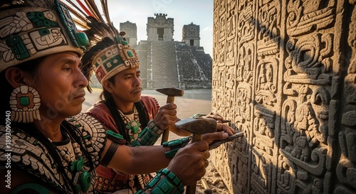Wallpaper Mural Mesoamerican indigenous men carve ancient stone glyphs on a temple wall, preserving ancestral culture. They wear ceremonial feathered headdresses and precious jade jewelry, showcasing pride. Torontodigital.ca