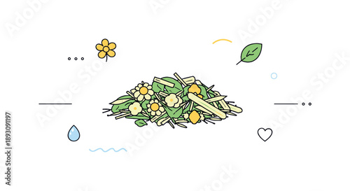 Minimal Herbal Composition. Herbal tea ingredients minimal scene. A single group of dried herbs centered with light abstract accents floating around.