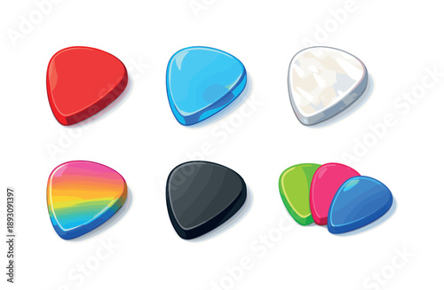 Colorful Pick Icons. Pick Colors. Isometric flat vector icons set of Pick Colors: red solid pick, translucent blue pick, pearl white pick, multicolor gradient