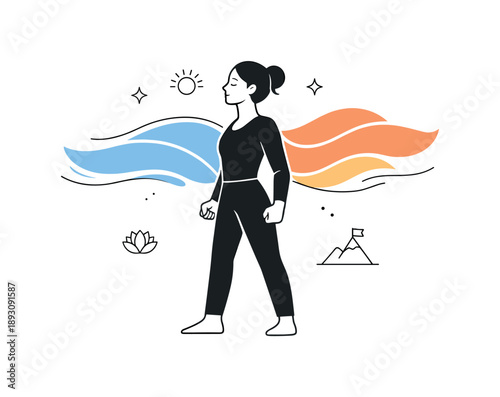 Resilient Female Silhouette. Resilience and Inner Strength. Minimal editorial illustration with a calm female silhouette holding steady against abstract