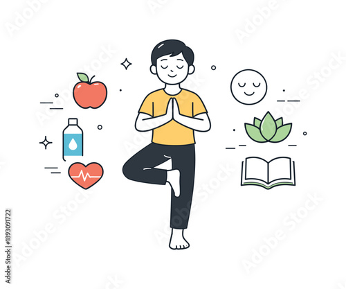 Balanced Wellness Scene. Wellness Concept. A relaxed character standing in balance with simple icons of body and mind floating nearby, suggesting harmony and