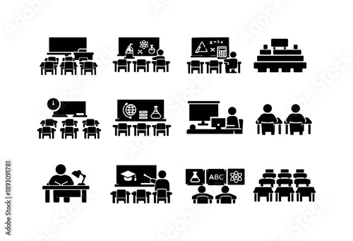 Classroom Icons Grid. Secondary Classroom. Solid icon set of Secondary Classroom: high school classroom, science classroom, math classroom, lecture style