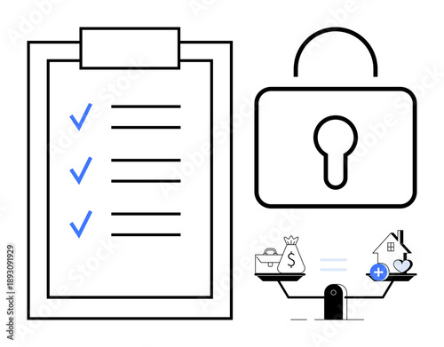 Security concept. Security ed by a checklist and padlock, protection and safety. Security in financial decisions and personal lifestyle. For fintech, insurance, home safety, decision-making, secure