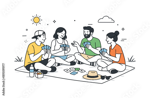 Outdoor Card Game. Friends playing cards. A group of friends sitting outdoors on a blanket, playing cards in the sun. Summer leisure mood, calm conversation
