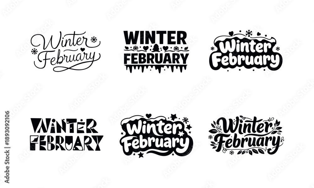 Fototapeta premium Winter Lettering Variations. Winter February celebration banners. Set lettering. harmonious lettering variations of the same emblematic concept, each with