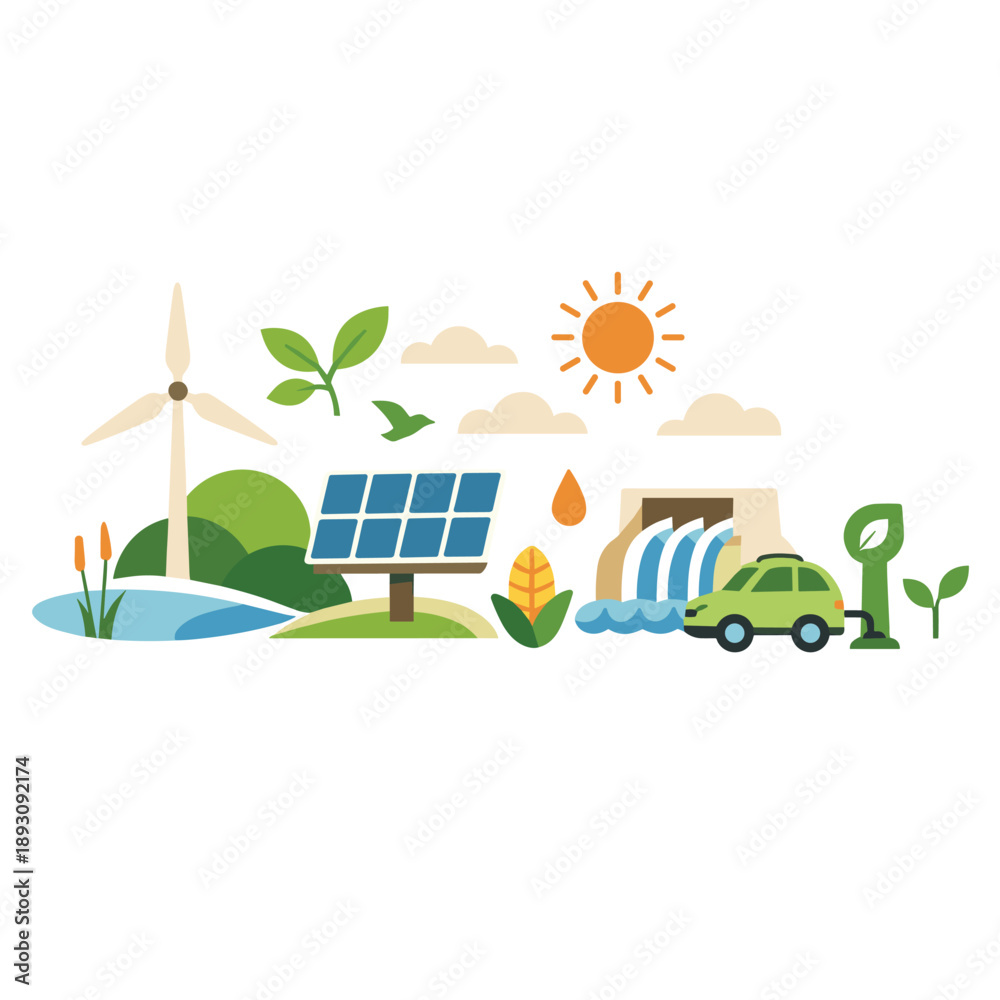 Fototapeta premium Vibrant illustration of renewable energy sources in nature