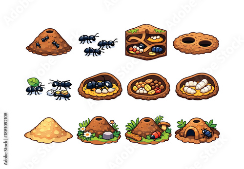 Colorful Ant Mound Icons. Ant mound. Colorful isometric vector icons set of ant mound: ant hill mound, ants crawling, underground tunnels cutaway, soil