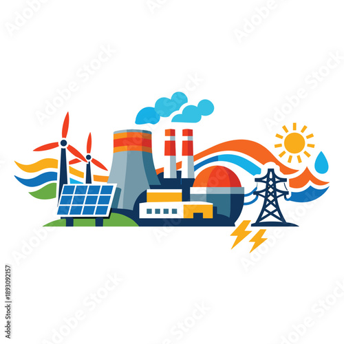 Colorful illustration of energy production methods