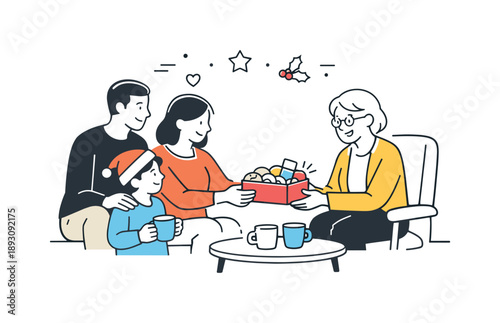 Family Holiday Gathering. Seasonal care visit. A family bringing holiday treats and sitting together with an elderly relative. Thoughtful kindness