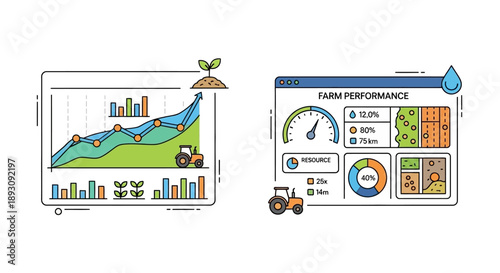 Two illustrations showcasing farm performance and agricultural data analysis with charts and graphs.