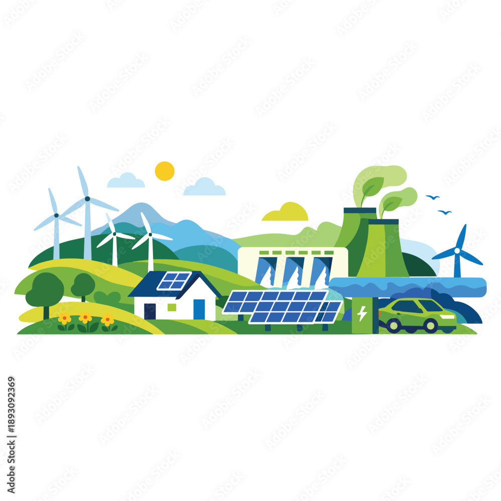 Fototapeta premium Sustainable energy landscape with solar and wind power